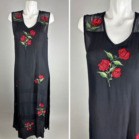Vtg 90s Black Sheer Red Rose Embroidered Slinky Rayon Whimsygoth Dress Medium - Picture 1 of 8